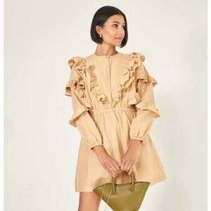 Roseanna Daily Emiliano Mini Dress 36 US 4 Sand Beige Ruffle Long Sleeve Snap